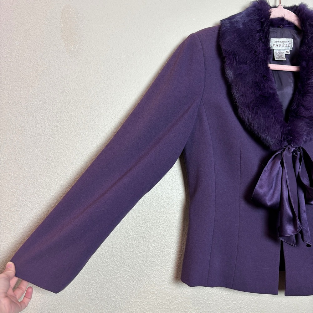 Adrianna Papell Womens 10 Purple Fur Trim Bow Blazer Jacket Glam Chic Holiday - Picture 6 of 14